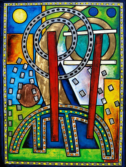 Mark Dimock nz abstract artist, Coloured Urban, acrylic, copper, brass
